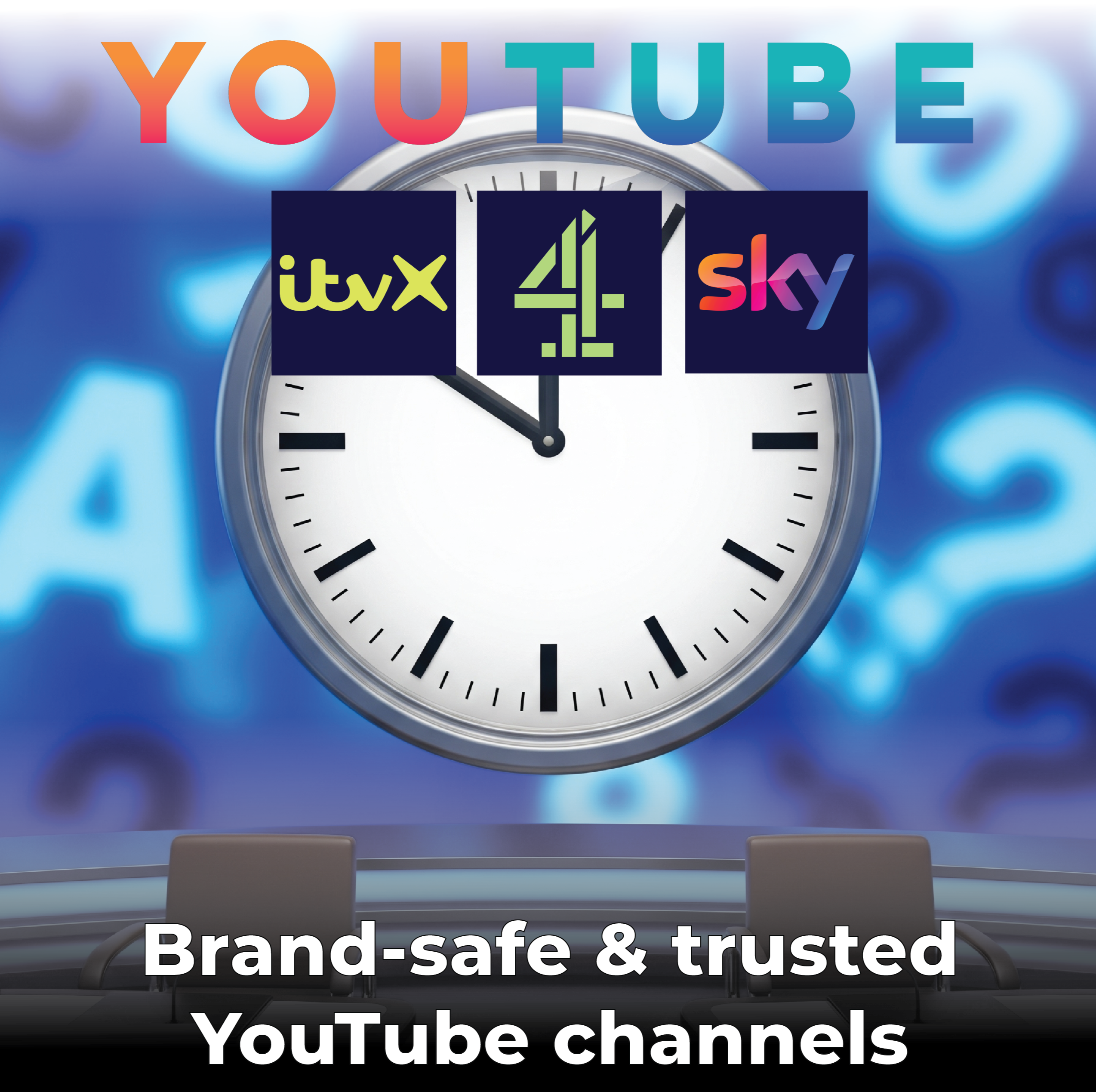 Clock with ITVX, Channel 4, and Sky logos on a YouTube branded background