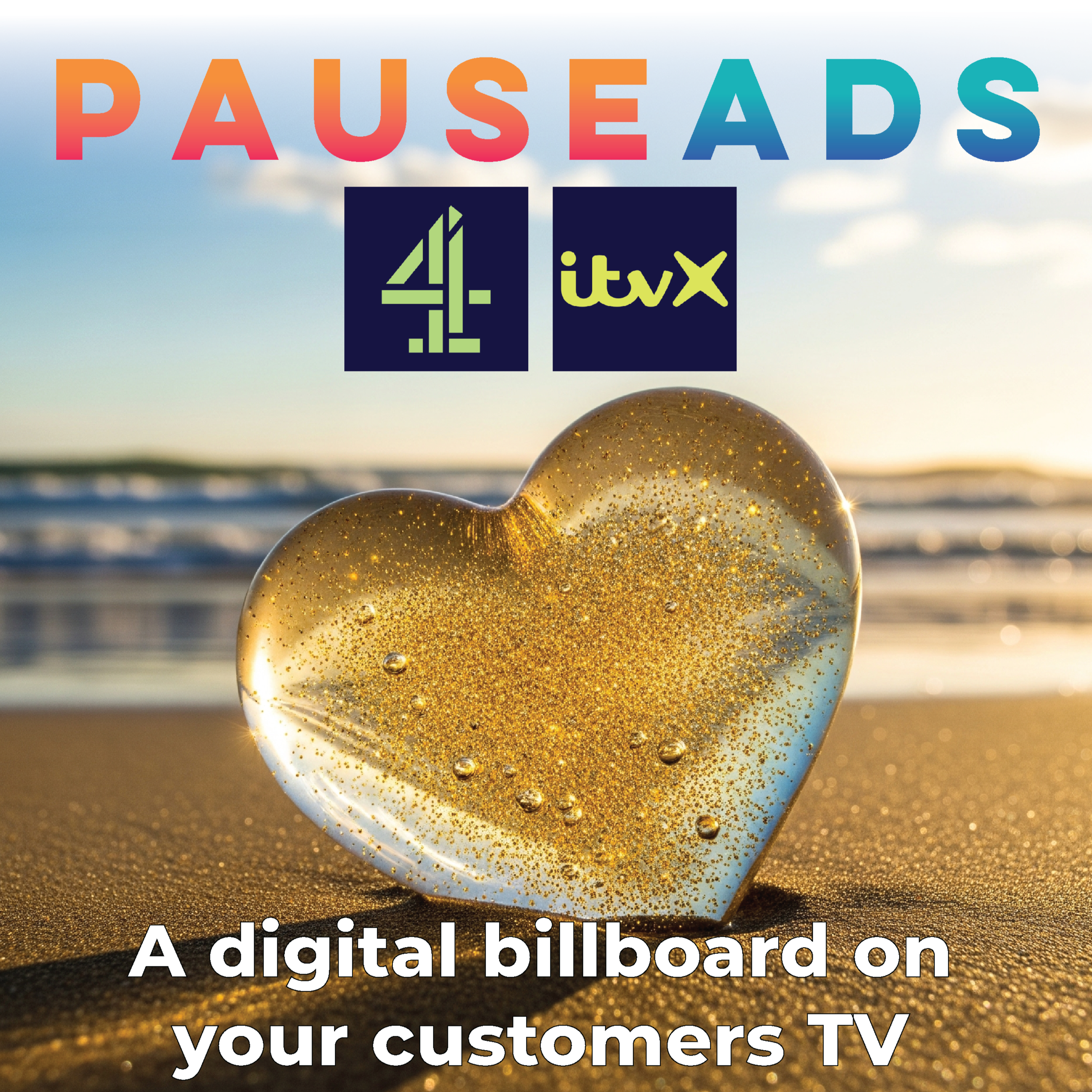 Digital billboard with a gold heart on sand and sea background, featuring ITV logos.